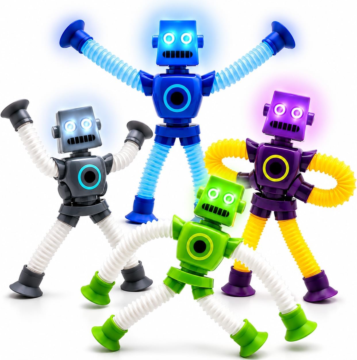 Robot Travel Toys, LED Light Up Pop Tube Toys, 4 PCS Suction Cup Fidget Toys, Airplane Activities, Road Trip Toy, Sensory Stretch Tub