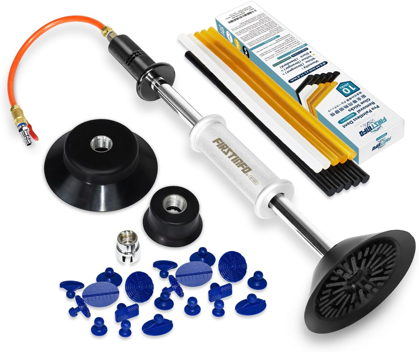 FIRSTINFO A1501EUY1 Pneumatic Slide Hammer Dent Puller Car Auto Body Repair Suction Cup Slide Hammer Tool Kit Kit with 10 pcs Glue Tabs & Hot Glue Kit