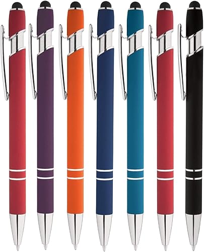 Miniatura 2 de Bolígrafo Rainbow de goma suave al tacto con punta de lápiz capacitivo, un elegante bolígrafo de metal premium, tinta negra, punta media. Caja de 7