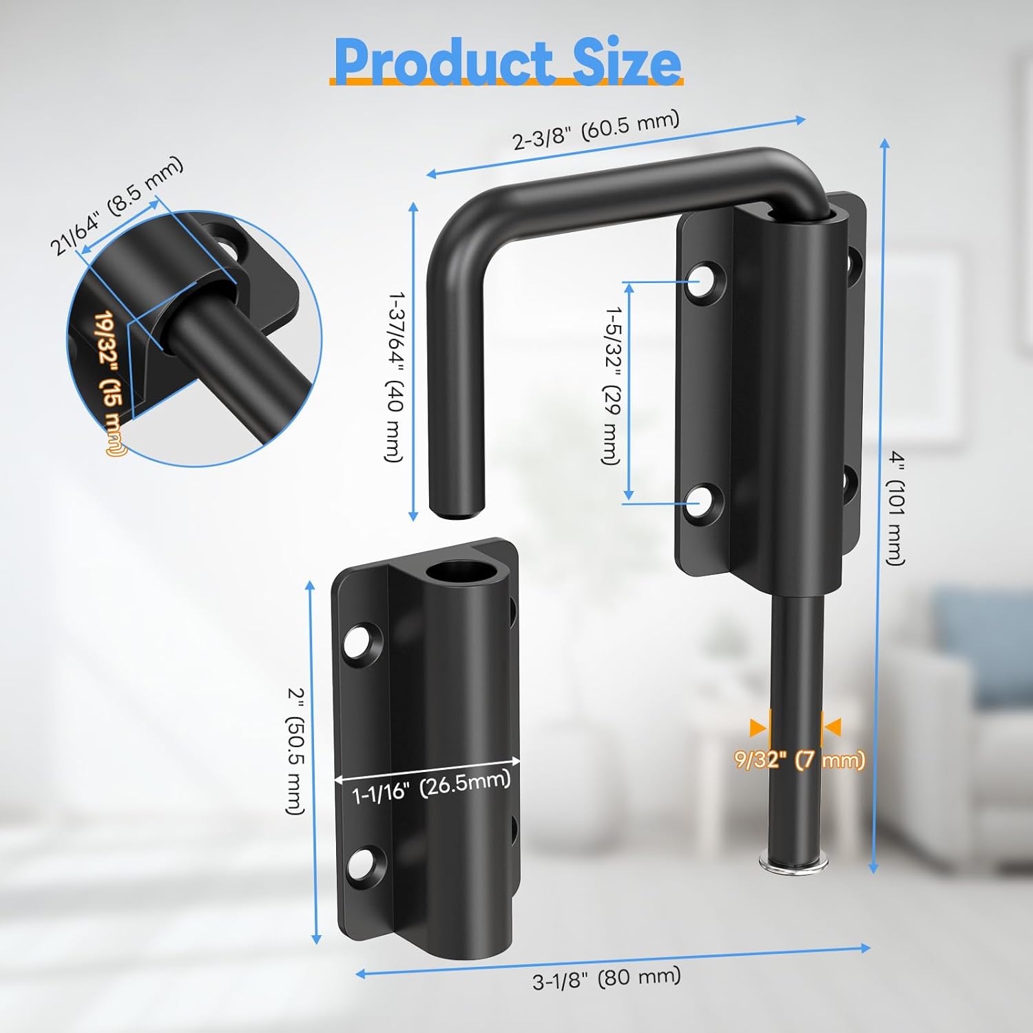 New Patio Sliding Door Loop Lock - 2-3/8 Inch U-Shaped Loop Latch, 90/180 Degree Home Security Lock for Sliding Doors, Windows, Barns, Gardens, Screens (Black-2 Pcs)