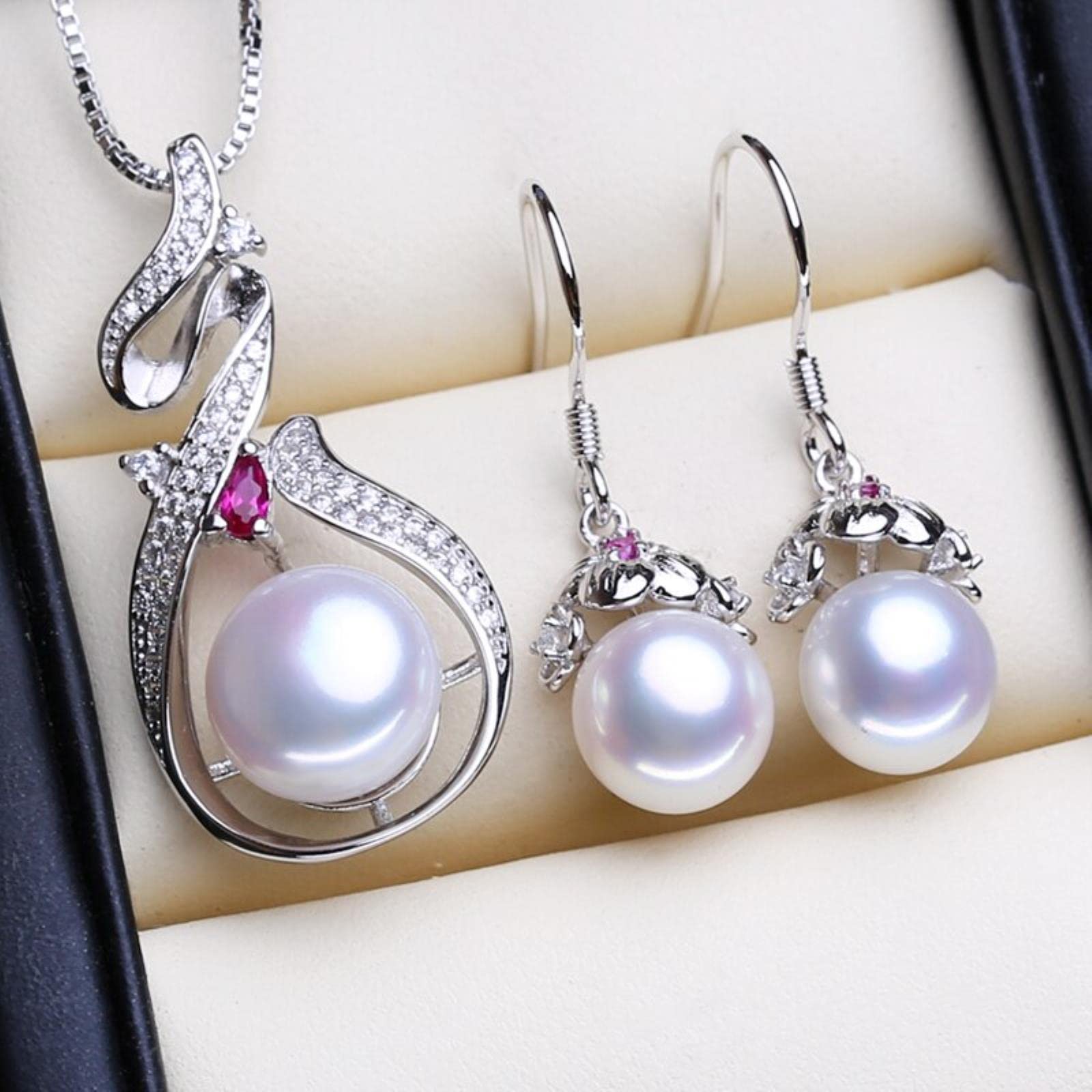 Conjuntos De Joyería De Plata De Ley 925, Pendientes De Perlas Naturales, Pendientes De Tuerca De Flor Bohemia, Collares Con Colgante De Rubí Para Mujer