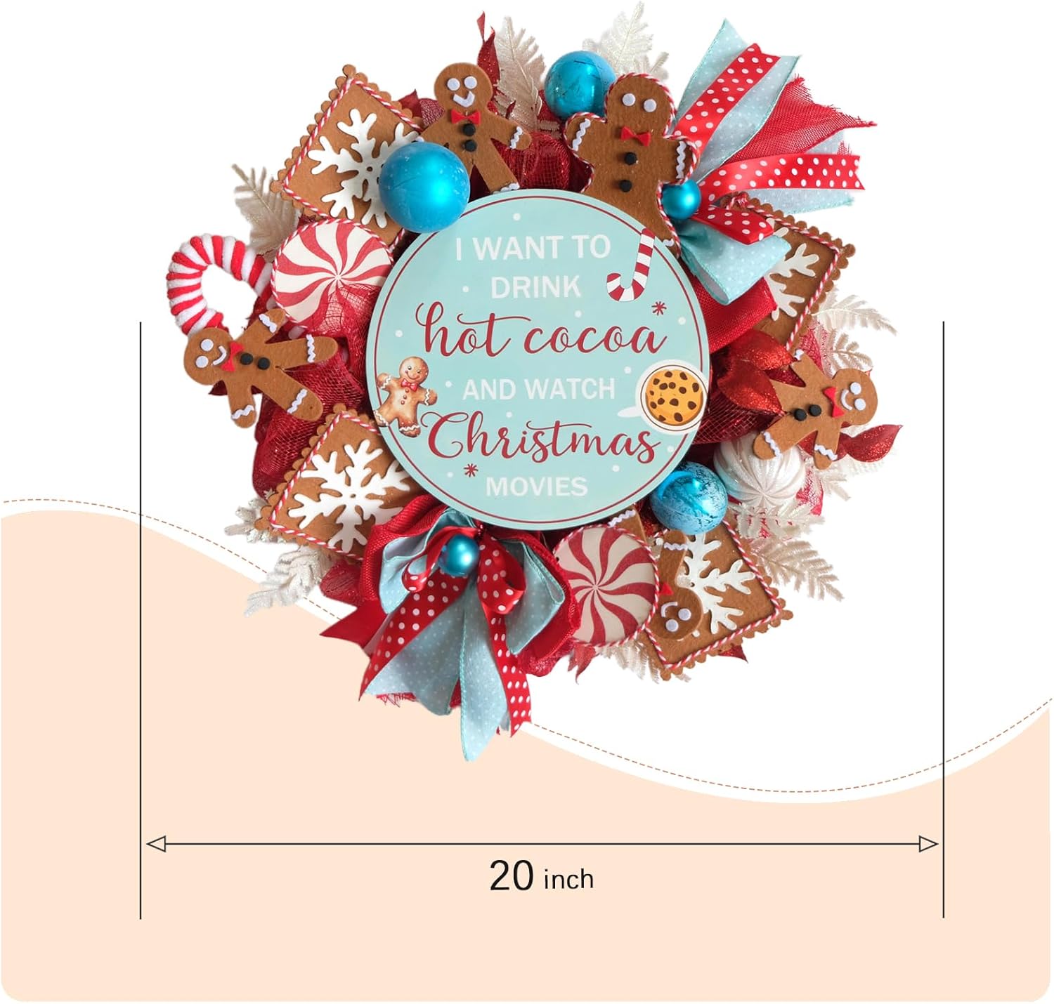 20-inch Christmas Wreath Red Gauze Net Ribbon Bow Gingerbread Man Blue Board Glittering Ball Front Door Wreath Christmas Party Entrance Fireplace Wall Decoration Holiday Office Decoration - Image 3
