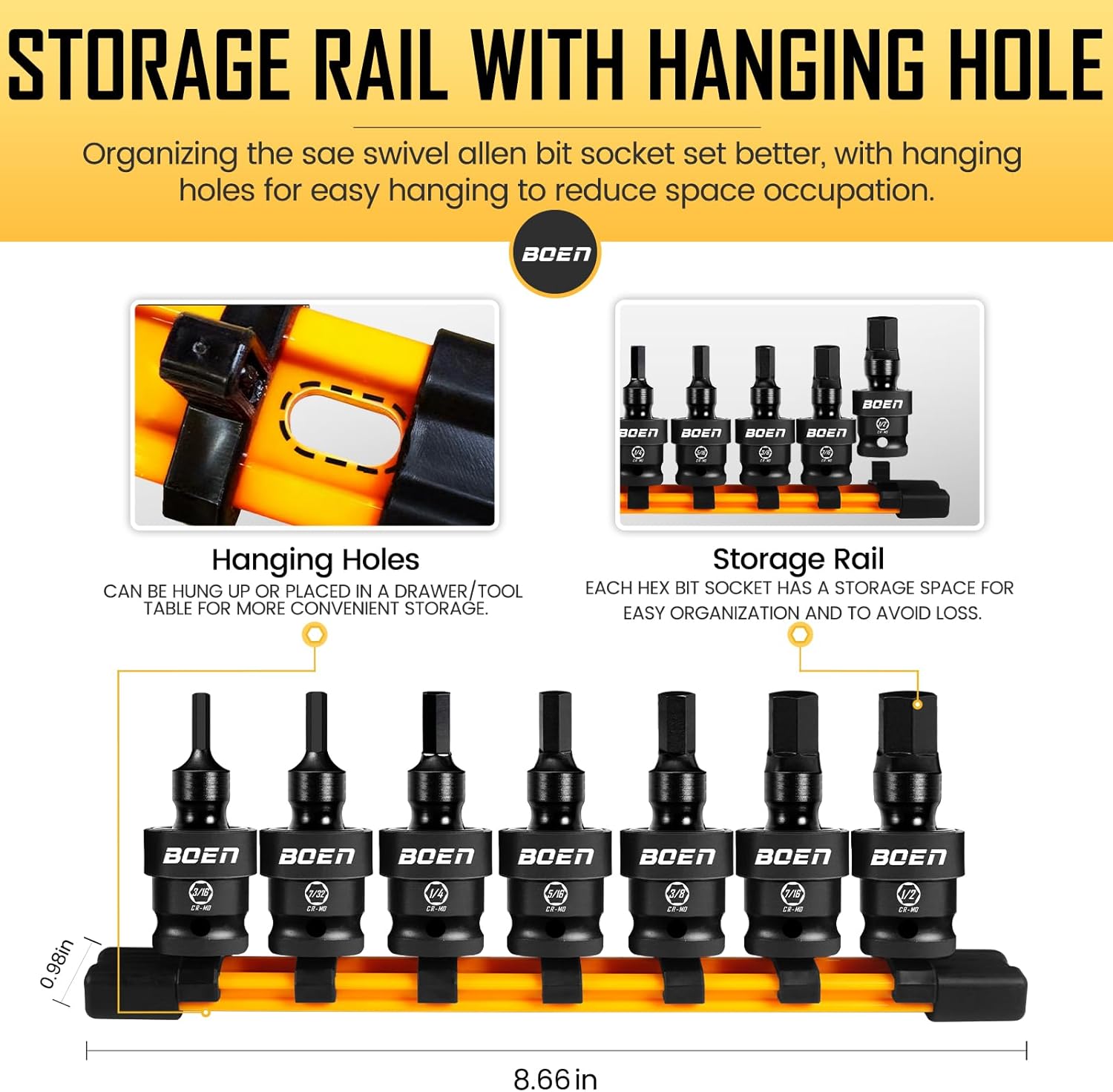 boen 3/8" Drive Universal Hex Bit Socket Set, 7-Piece SAE Impact Swivel Allen Bit Sockets, 360° Rotation Flexible Wobble Hex Bit Driver Socket Set, With Storage Rail, CR-MO Steel