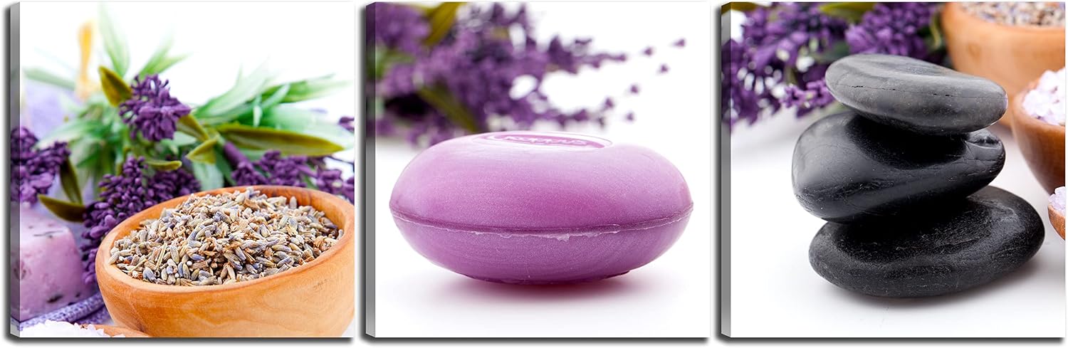 NAN Wind Zen Canvas Wall Art Spa Still Life With Purple Aromatherapy Candles And Zen Stone Aroma Lavender Flower Painting Pictures Print on Canvas Ready to Hang for Bathroom Decoration (12X12inchX3pcs, zen stone)