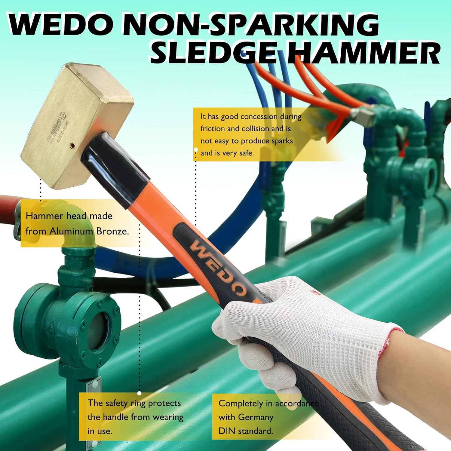WEDO Non-Sparking Sledge Hammer,1.1lb/500g Club Hammer,Drilling Hammer,Crack Hammer,Length 310mm,Fiberglass Handle,Shock Resistant,Aluminum Bronze,DIN Standard,BAM & FM Certificate