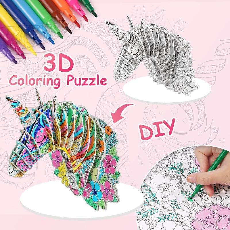 OSDUE 3D Unikornis Puzzle Színező Készlet - Kreatív Kézműves Szett 6-12 Éves Gyerekeknek - Fejlesztő Játék Lányoknak és Fiúknak - Születésna