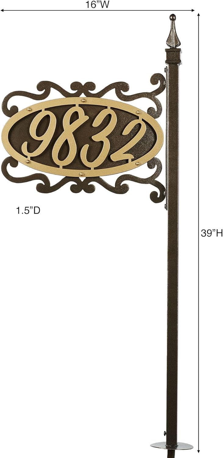 Shepherd Double Sided Address Yard Post | Classic Scrollwork | Custom Metal House Number Sign for Outdoor Use | Personalized with Your 1-5 Address Numbers | Gold and Bronze Durable Finish