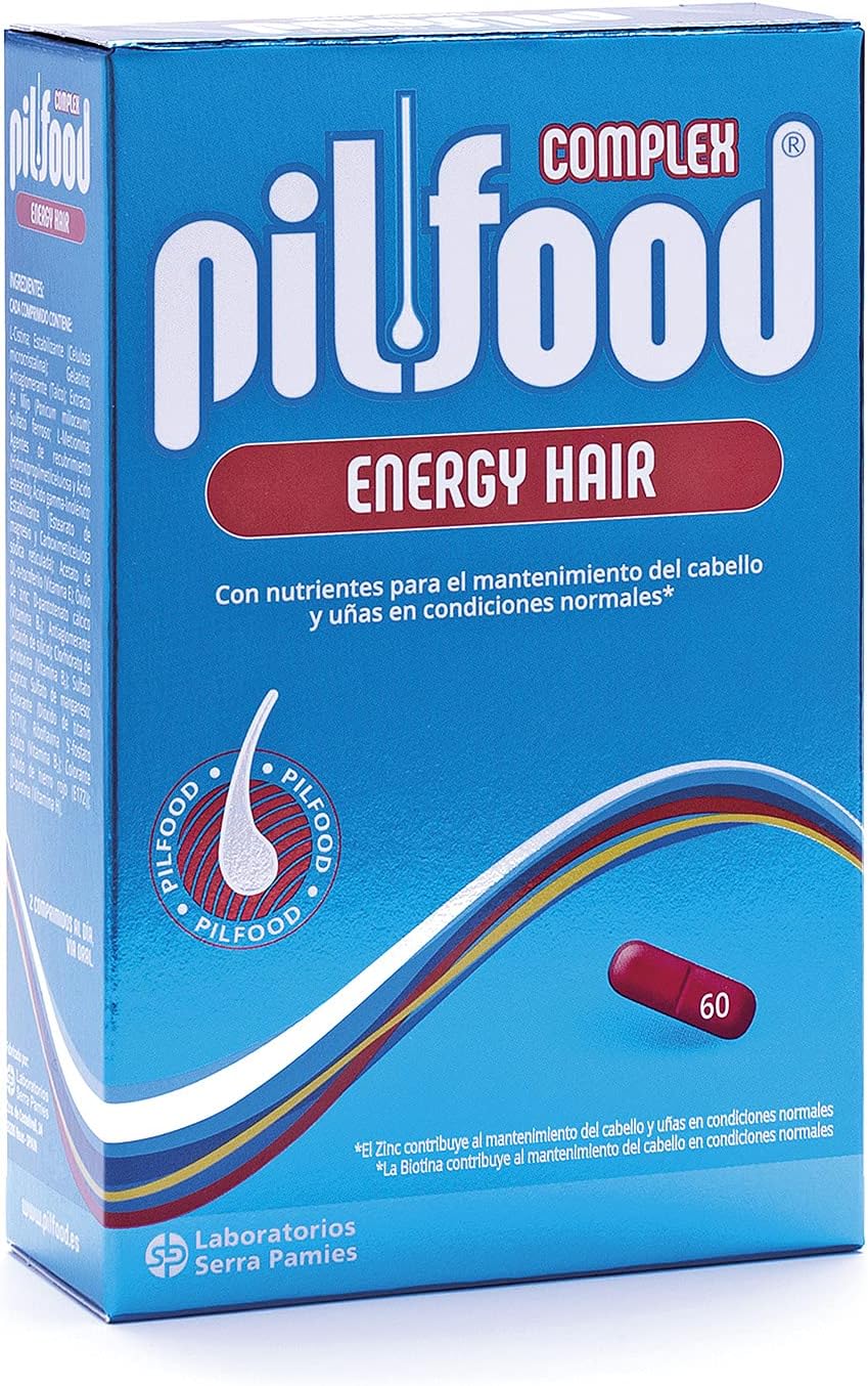 Tratamiento Pilfood Energy Anticaída de Pelo Intenso con Biotina, Zinc y 11 Vitaminas Esenciales para 1 mes - Pilfood Energy para caída fuerte de cabello. Sin gluten. Eficacia testada - 60 Comprimidos