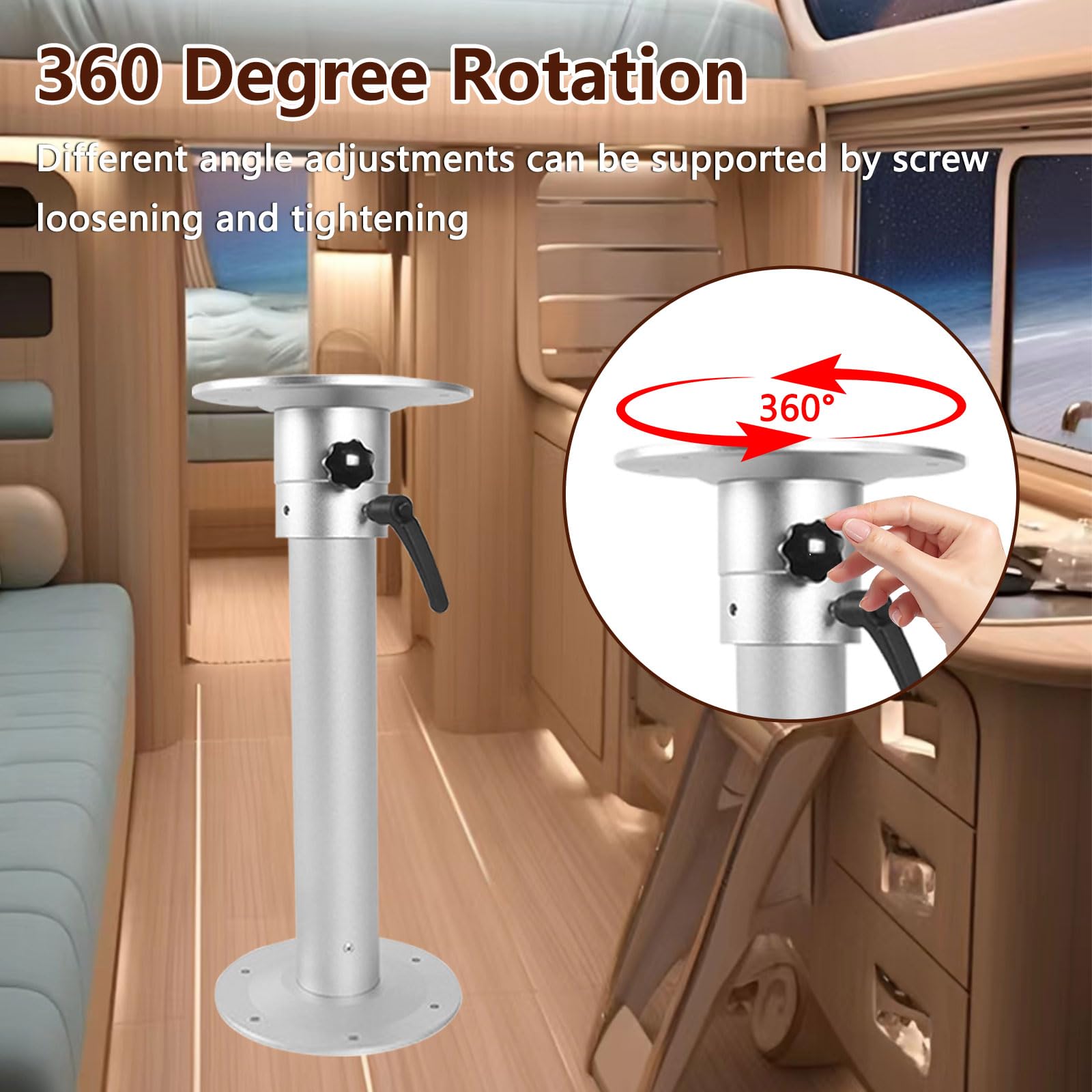 Verstellbarer Tischsockel mit arbeitssparendem Griff, 455-740mm verstellbar, 360 Grad drehbar Aluminiumlegierung Tischsockel Kit für Rv Camper Wohnwagen Boot Yacht Haus