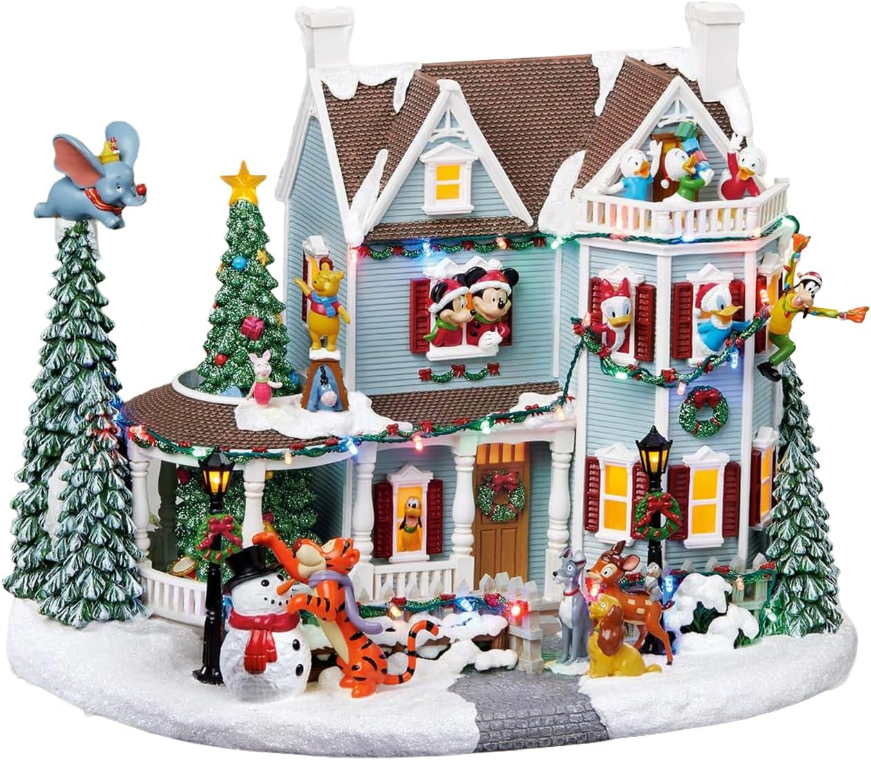 Animated Disney Christmas House 12”H Moments In Time LED Lighted Holiday Village with Music Volume Control Hand-Painted Disney Characters Power Adapter Included Festive Décor