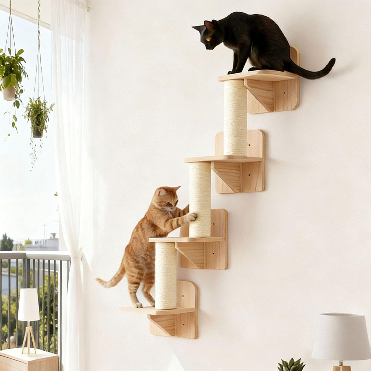 Cat Wall Shelves & Climber for Kittens Solid wood cat climbing frame – 4-Level Wall Mounted Cat Tree with Natural Sisal Pads, Adjustable Tower for Indoor Cats, Suit for Climb, Play, Nap (37 inches)