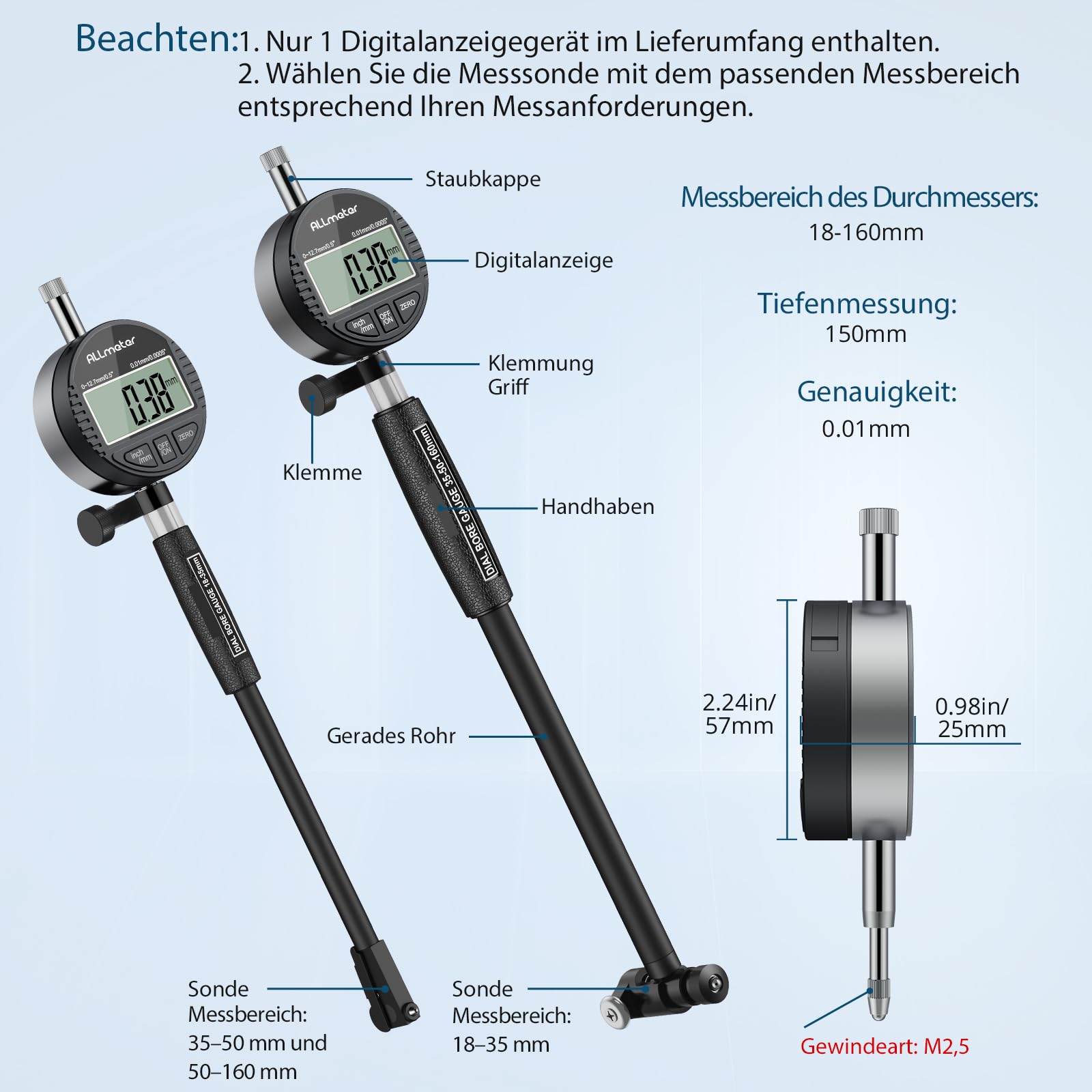 Digitales Bohrungsmessgerät 18-160mm – Präzises Innenmessgerät mit LCD-Messuhr, 0,01mm Genauigkeit, tiefes Messen bis 150mm, inkl. Zubehör & ABS-Box