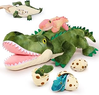 MorisMos Plush Alligator Stuffed Animal-23.6'' Mommy Stuffed Crocodile with 3 Baby Crocodile Stuffed Animals & 3 Crocodile Egg Plush Toys Inside Zipper Tummy, Stuffed Alligator Toys for Kid Christmas