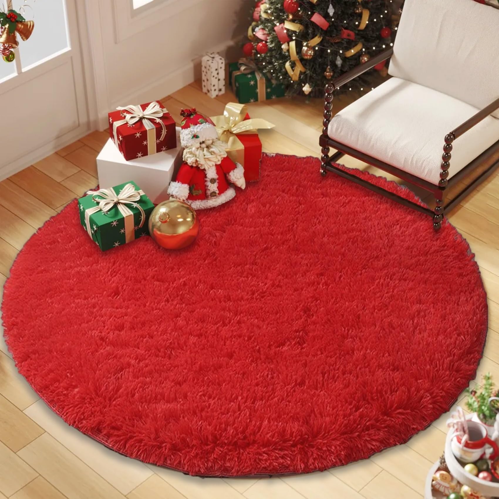 Tapis poils longs antidérapant et lavable grand format carré rouge vif 235x235