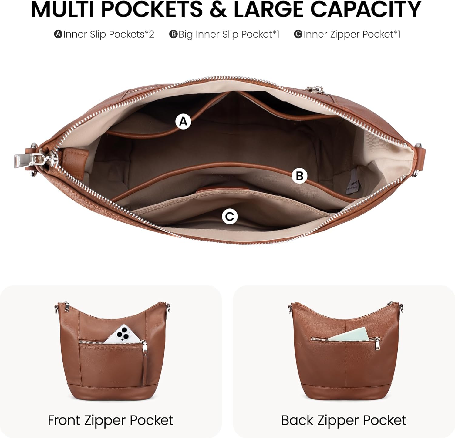 befen Genuine Leather Crossbody Hobo Purse for Women Soft Lightweight Leather Handbags with 2 Removable Straps - Image 3