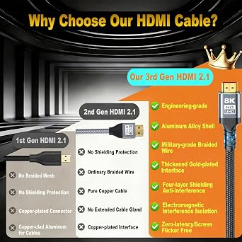 8K Long HDMI Cable 2.1, 16FT Ultra HD Cable High-Speed Lead 48Gbps, HDMI Braided Cables (8K@60Hz 7680x4320, 4K@120Hz) Supports Dynamic HDR 10 eARC, Dolby Atmos Compatible with Roku TV/PS5/HDTV