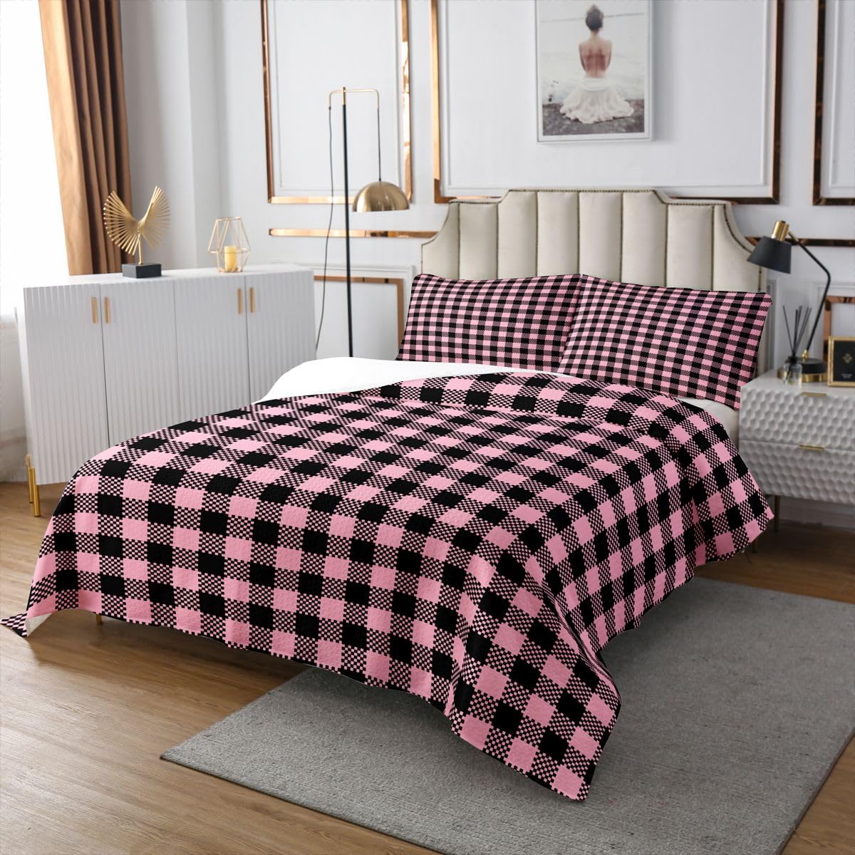 Loussiesd Set di 2 copriletto a quadri rosa e nero, per letto singolo, motivo geometrico a quadretti, morbido, accogliente, a scacchi, leggero, per tutte le stagioni, con 1 federa