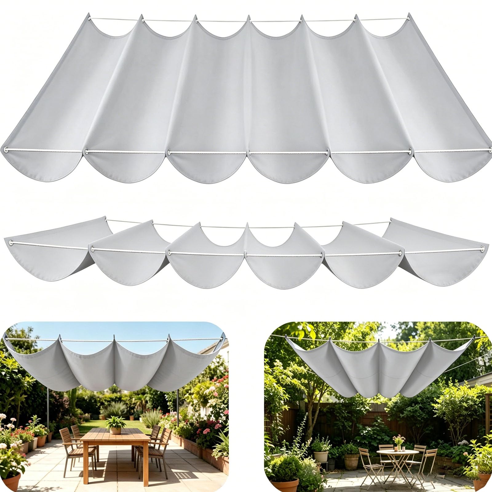 Retractable Sun Sail Shade Canopy for Outdoor Use, Retractable Wave Sun Shade Sail, Wave Design, Thickened Fabric, Block With Rope Patio Awning Cloth Durable Garden Shade Sail-Light gray||100x550cm
