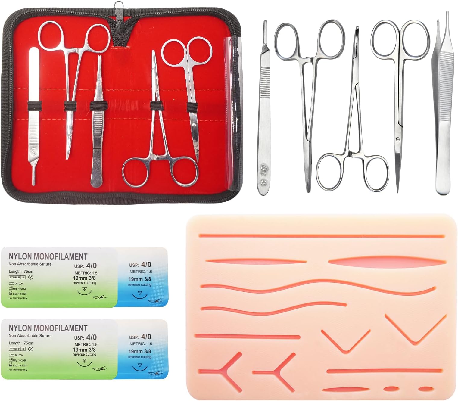 Suture Practice Complete Kit for Student Suture Training, Include Upgrade Suture Pad with 14 Pre-Cut Wounds, Suture Practice Tools(Education Use Only)