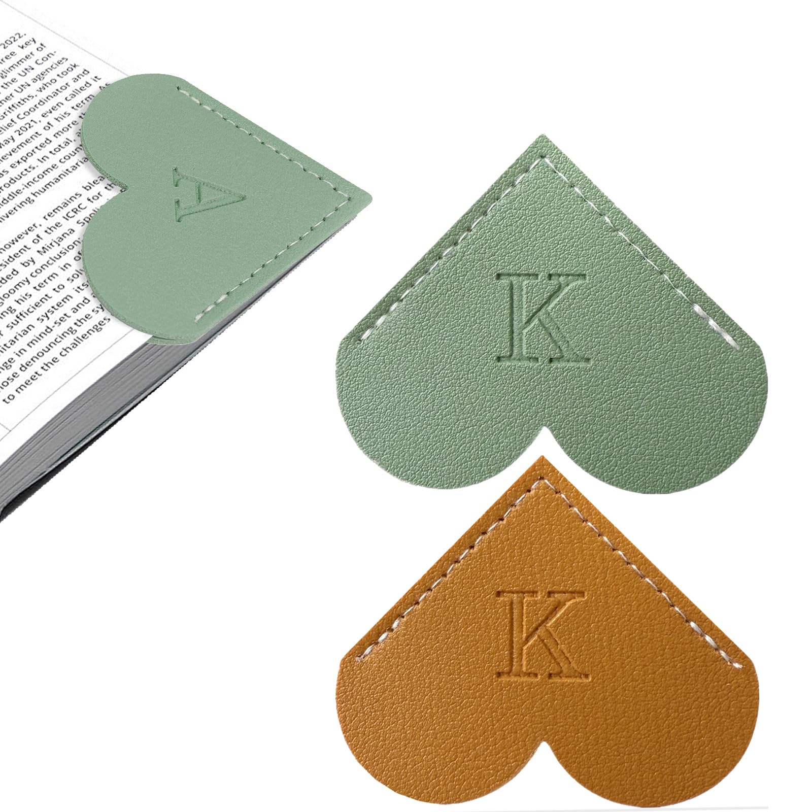 2Pcs Personalized Leather Heart Bookmark with Initial, 26 Letters Custom Corner Page Book Mark for Reading Women, Book Lovers, Teachers, Students,