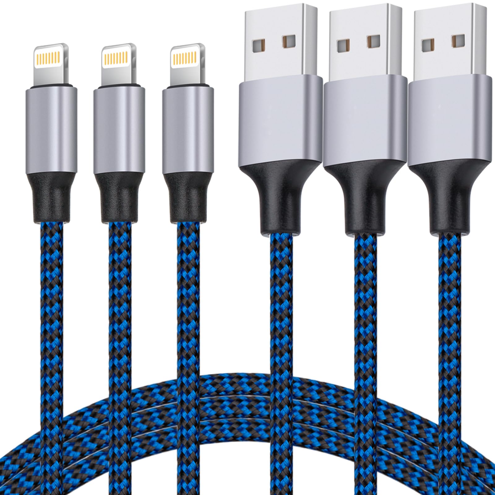 iPhone Charger, Lightning Cable 3PACK 6FT MFi Certified USB Charging Cord | Nylon Braided High Speed Transfer Cable Compatible with iPhone 14 Pro Max/13 Pro/12/11/XS MAX/XR/XS/iPad Pro Mini Air(Blue)