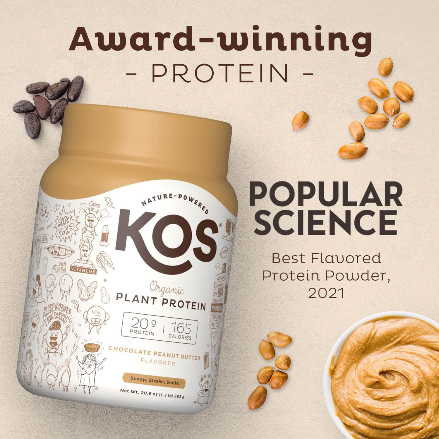 KOS Organic Plant Based Protein Powder, Chocolate Peanut Butter - Delicious Vegan Protein Powder - Keto Friendly, Gluten Free, Dairy Free & Soy Free - 1.3 Pounds, 15 Servings : Health & Household