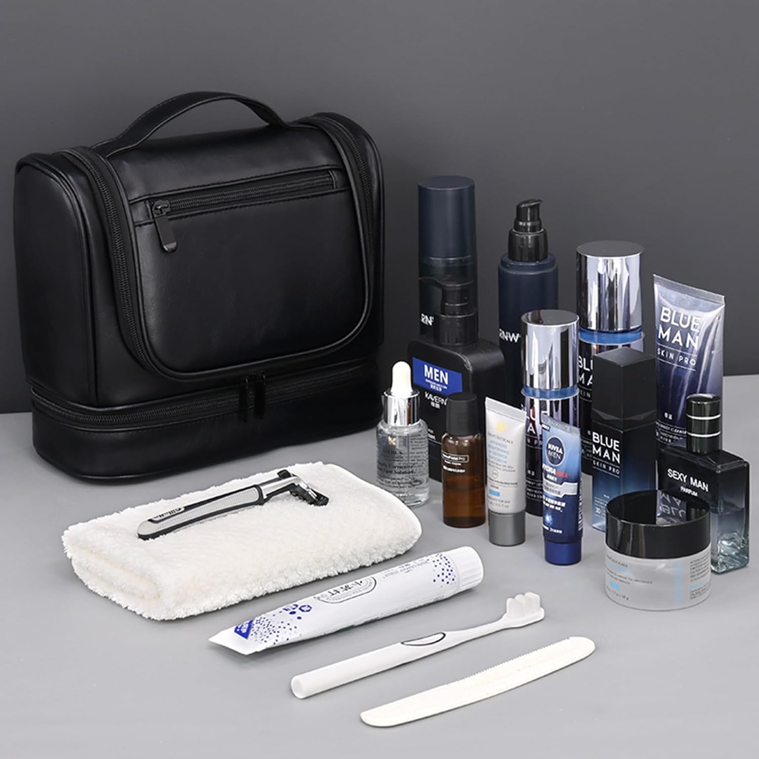 Travel toiletry bag, PU material toiletry bag for men, suitable for storing travel toiletries (BLACK)