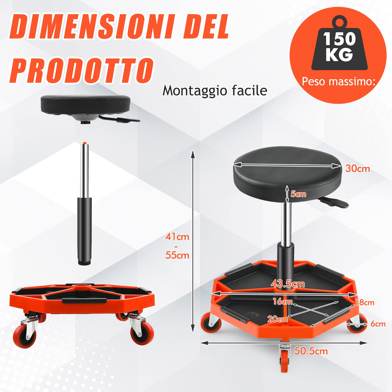 GYMAX Sgabello da Officina, Banco di Riparazione Auto a 4 Ruote, Altezza Regolabile, Portata di 150 kg, Stoccaggio Utensili, con Ripiano Porta Attrezzi, Sedile Imbottito