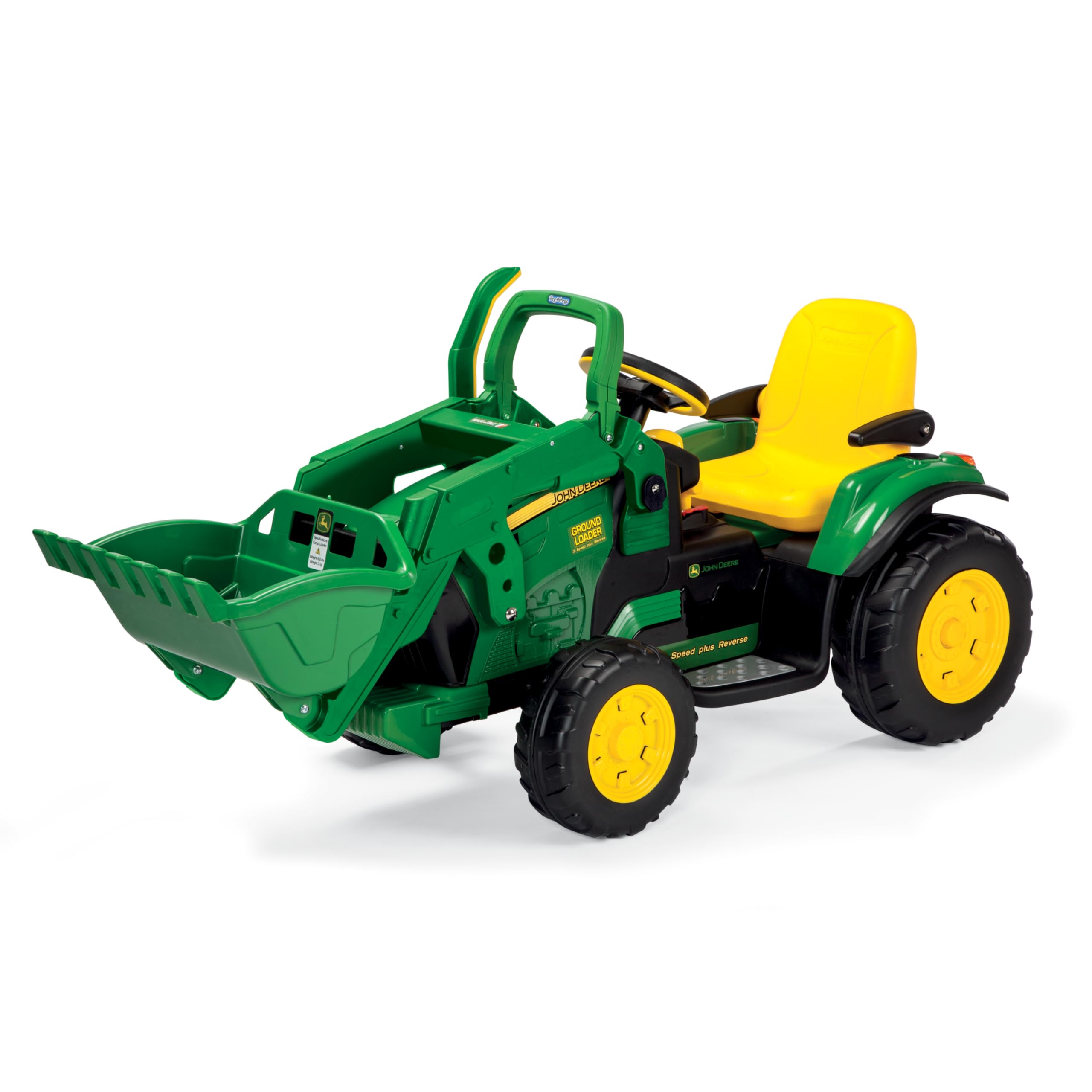 Peg John Deere Ground Loader Tractor Eléctrico Montable para Niños 3+ Años con Batería Recargable 12V, Radio FM y Pala Delantera Funcional