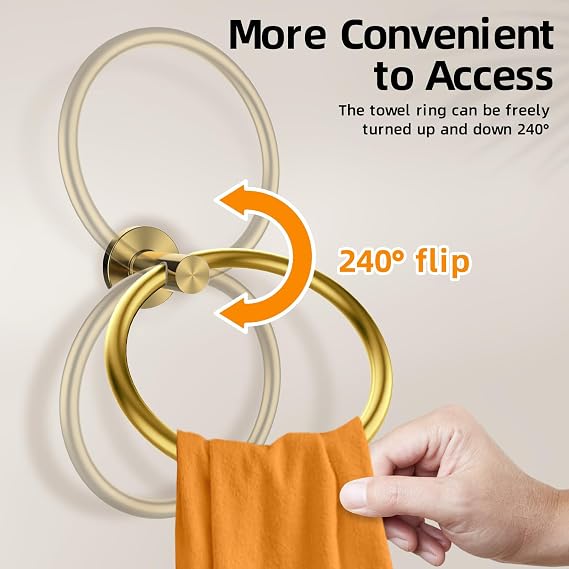 Towel Ring 2Pack, SUS304 Stainless Steel Hand Towel Holder for Bathroom Kitchen, Modern Style Towel Hanger, Thicken Ring Towel Holder, Towel Rack Round Wall Mounted (2, Brushed Gold)