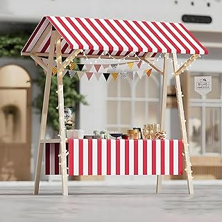 Wooden Market Stall Display Stand, Portable Food Cart Vendor, Folding Pushcart for Outdoor Vendors,Mobile Lemonade Stand Cart with Canopy for Events Red-A