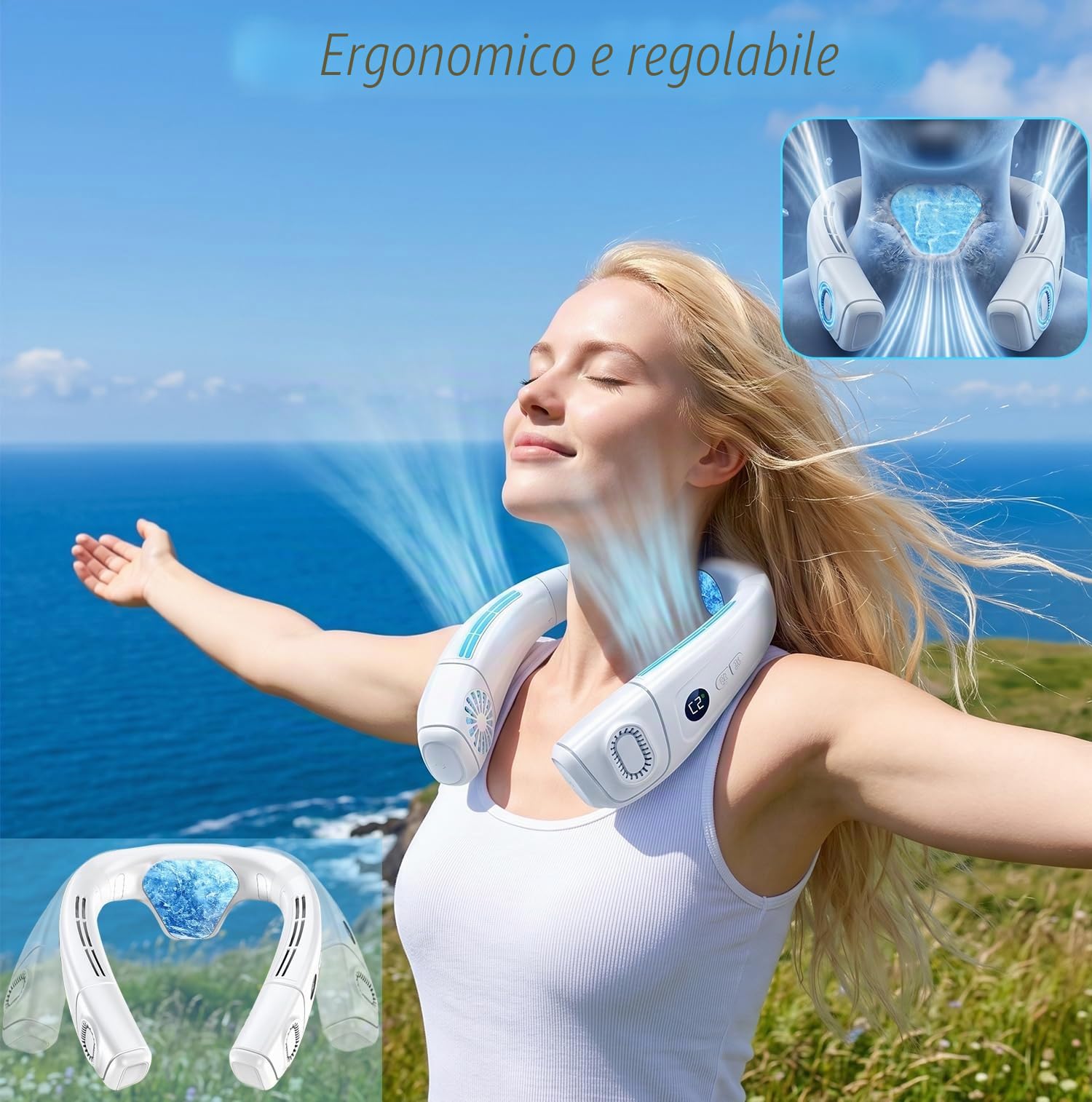 Ventilatore da Collo Portatile con Grande Ghiaccio Piastra di Raffreddamento, Ventilatore Silenzioso 360° Presa d'aria Fredda Posteriore,Condizionatore 6000mAh USB Ricaricabile per Viaggio Uff, Bianco