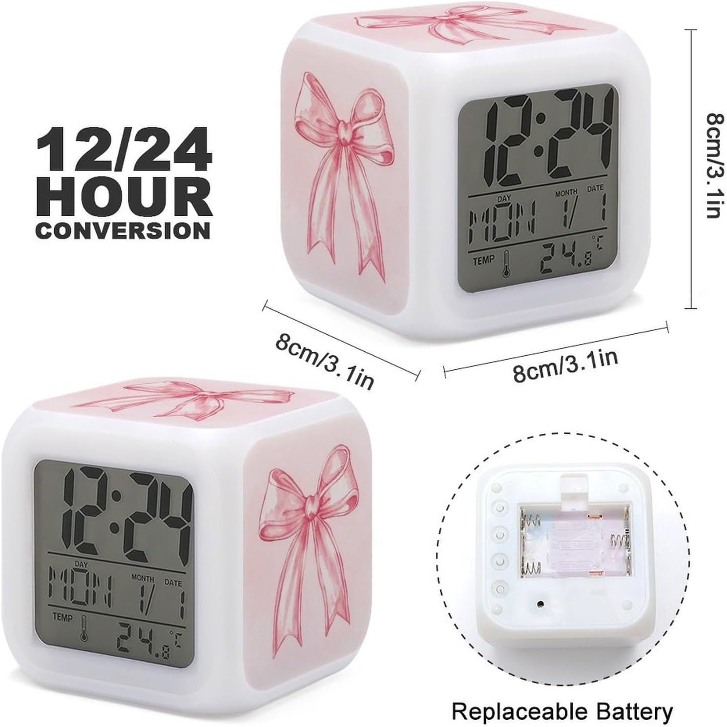 Night Light Alarm Clock, 7 Color Changing, Cute Pink Bow image 3