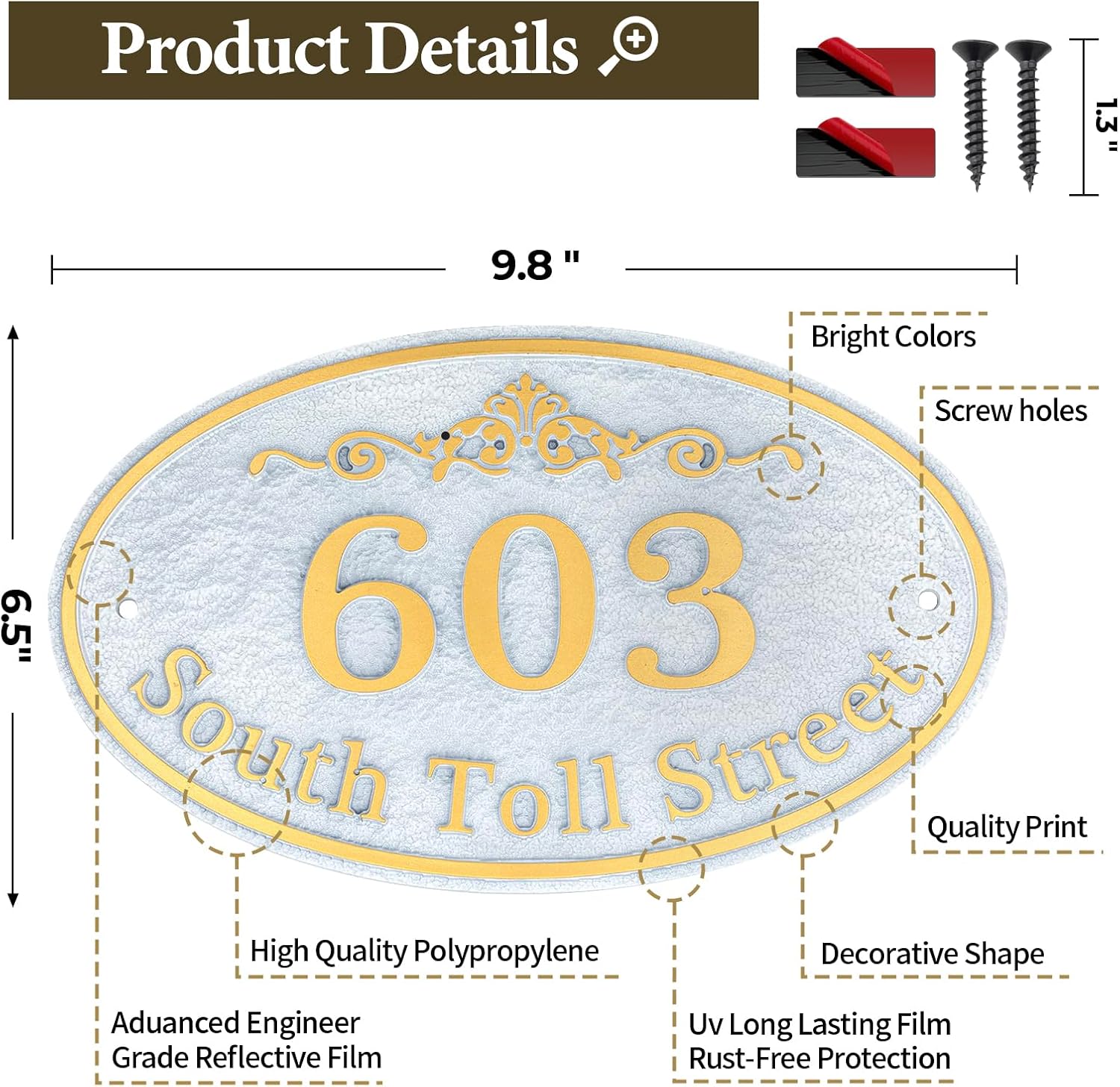 Oval Address Plaque Metal Option - Personalized House Number Sign, Address Sign for Outside, Yard, Driveway, Fence, Mailbox, Gate - Large 15 x 9 Inch (Gold/White)