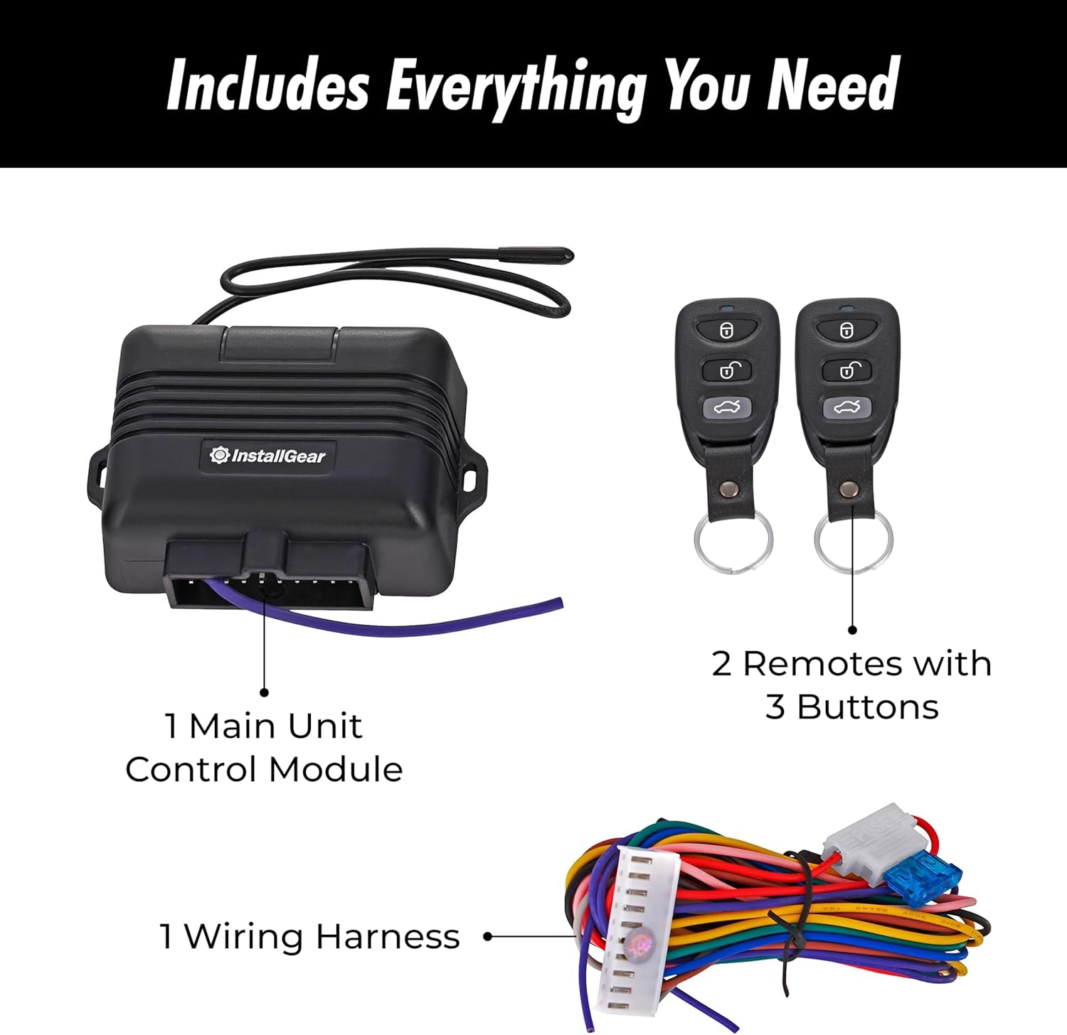 Diagram showing the main control unit, two 3-button remotes, and the wiring harness included in the package.
