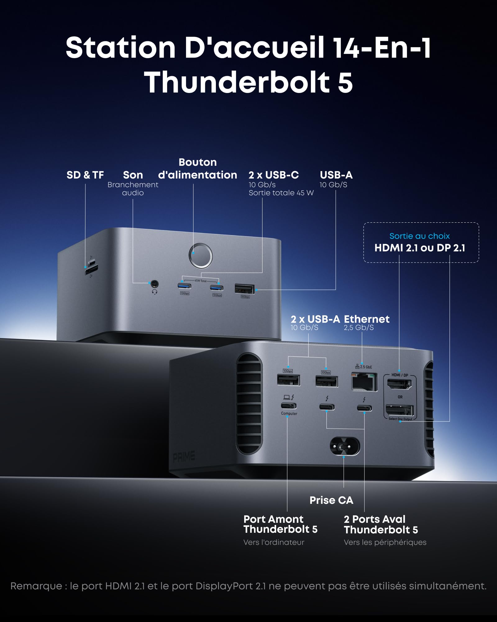 Anker Prime TB5 Docking Station d’Accueil 14 Ports, Thunderbolt 5 Charge 140W Max, Transfert de données 120 GB/s, Ambiance LED, système de Refroidissement, Affichage 8K pour laptops Thunderbolt 5/4