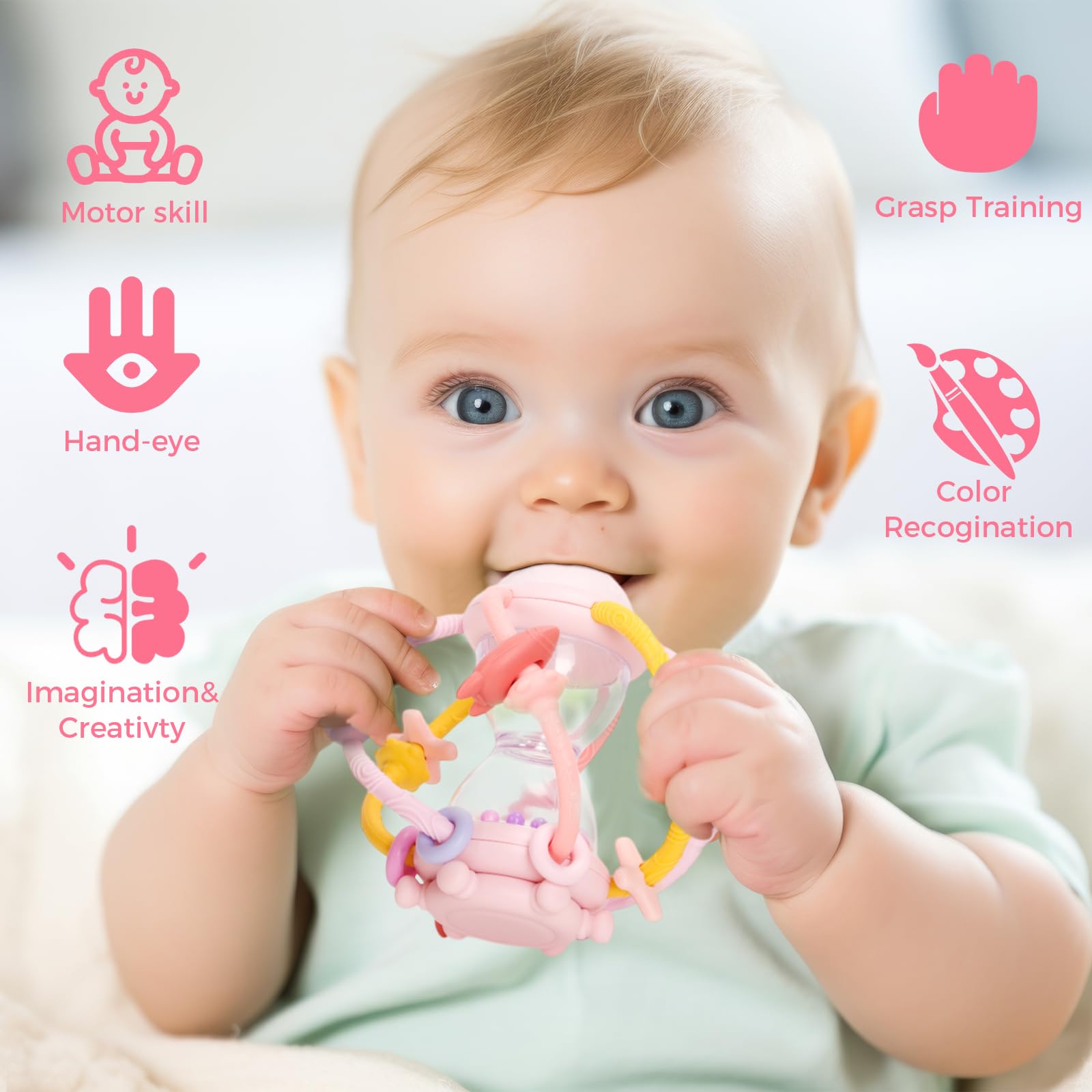 Montessori silikonowa grzechotka dla niemowląt, sensoryczna grzechotka dla niemowląt, silikonowa zabawka motoryczna