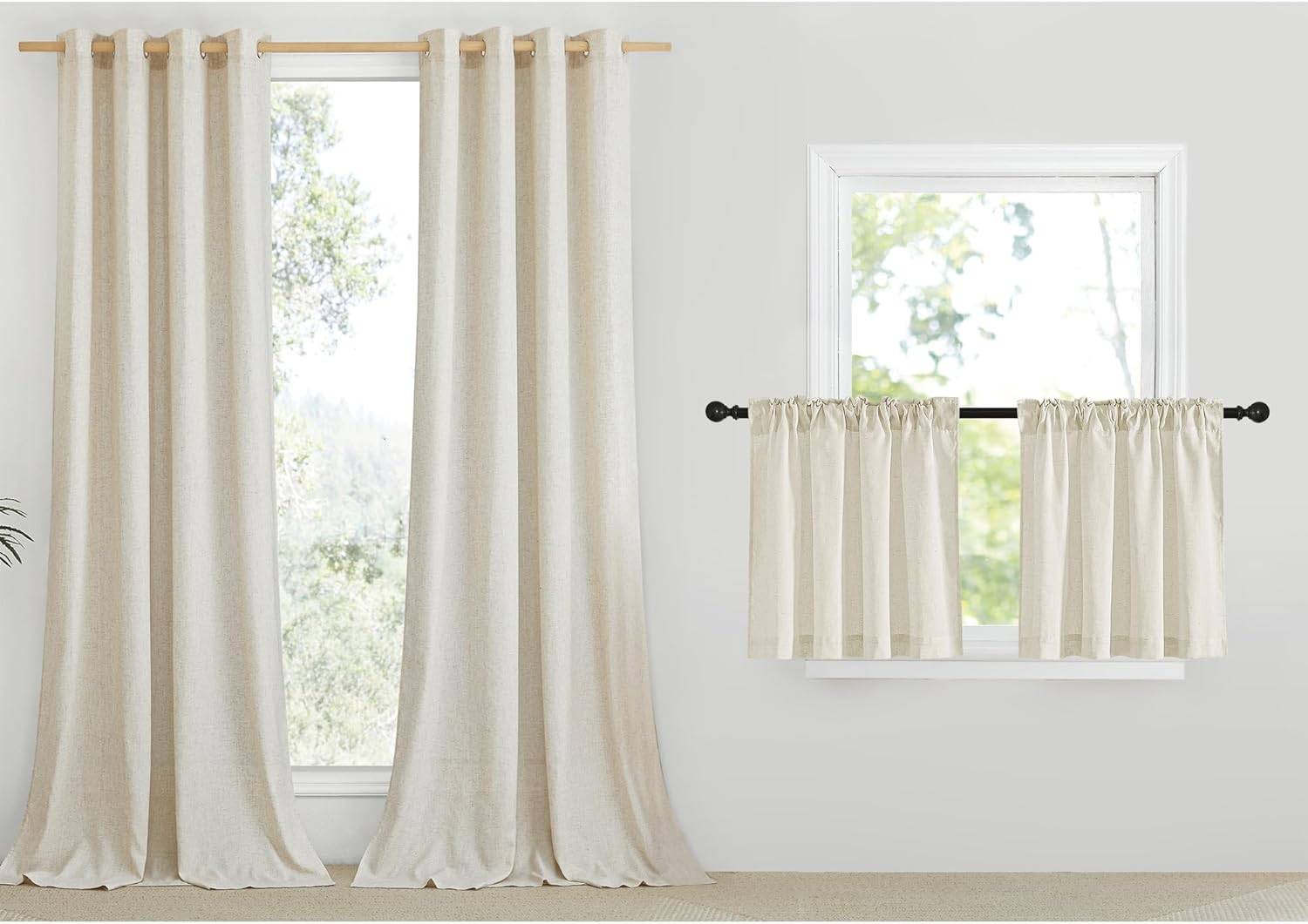 NICETOWN 2 Panles 55" x 84" Grommet Linen Curtains with 2 Panels 42" x 24" Rod Pocket & Back Tab Linen Valances for Living Room, Bedroom, Natural