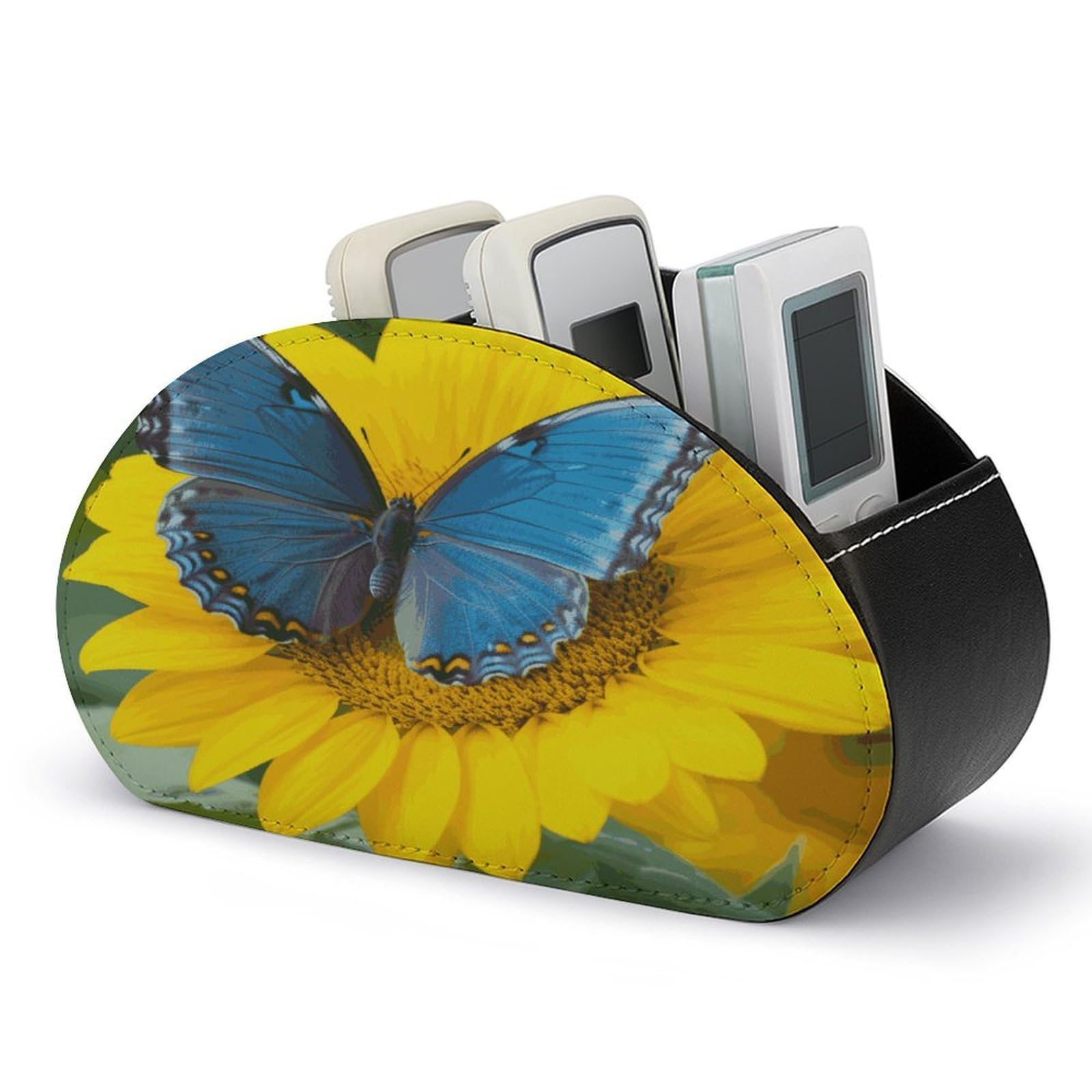 FekiLoot Sunflower Blue Butterfly Remote Control Holder, PU Leather Remote Control Organizer Box Stationery Remote Control Box Desk Storage Organizer for DVDs,Glasses,Pens,Media Players