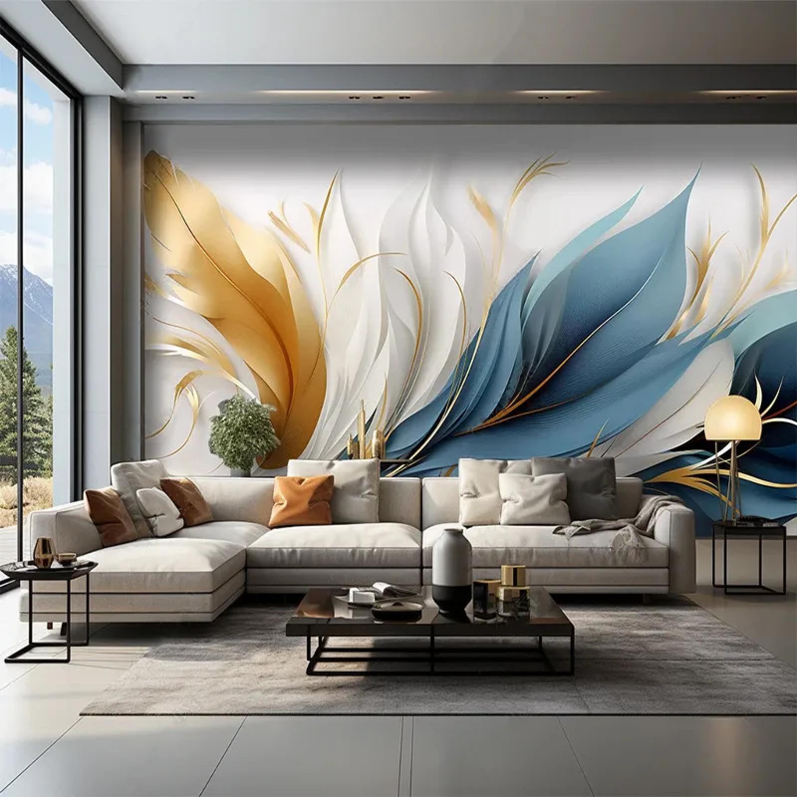Papier peint plumes colorées abstrait salon chambre style chinois