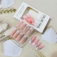 Vista 4 de 24 uñas largas a presión con punta francesa con diseño de diamantes de imitación en forma de ataúd de cobertura completa, puntas de uñas blancas