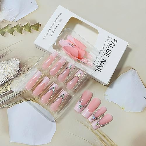 Miniatura 4 de 24 uñas largas a presión con punta francesa con diseño de diamantes de imitación en forma de ataúd de cobertura completa, puntas de uñas blancas,