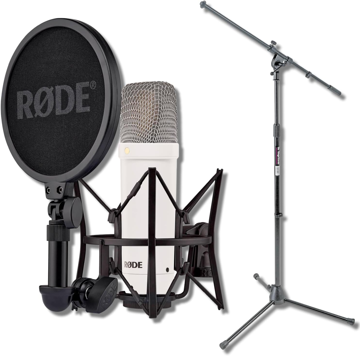 Rode NT1 Signature Series - White Condenser Microphone with SM6 Shockmount, Tripod Base Microphone Stand and Pop Filter