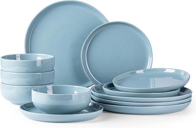 GBHOME Dinnerware Set for 4, GBHOME 12 Pieces Speckled Glaze Plates and Bowls Sets, Handmade Chip and Scratch Resistant Stoneware Dishes Set, Dishwasher & Microwave Safe