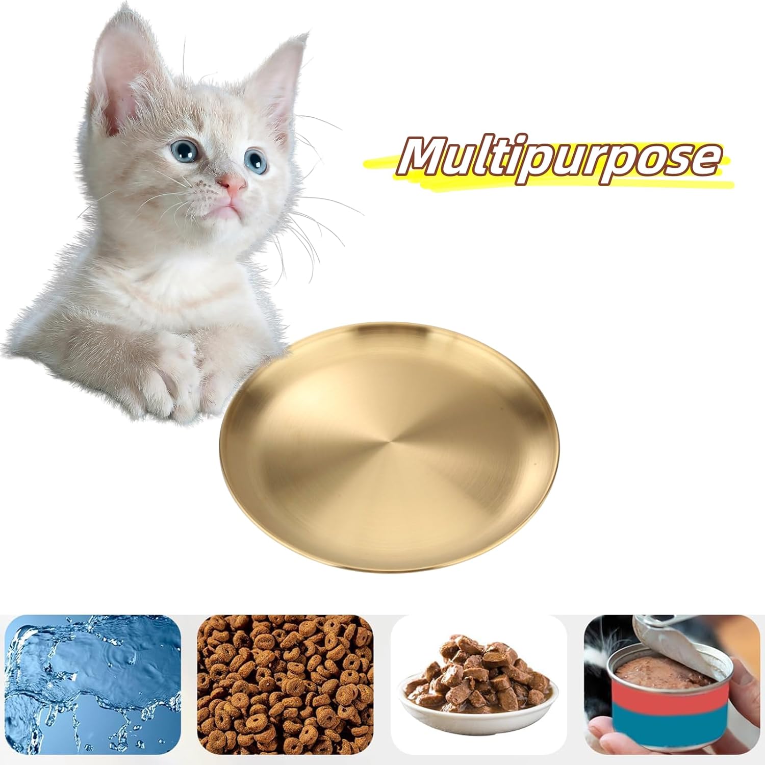 Whisker Fatigue Cat Bowl, 7.87 in Stainless Steel Gold Wide Saucer Style Flat Cat Dish, Suitable for Kittens Or Small Pets to Hold Food, Water Or Wet Food. (Gold - 8 Sets)