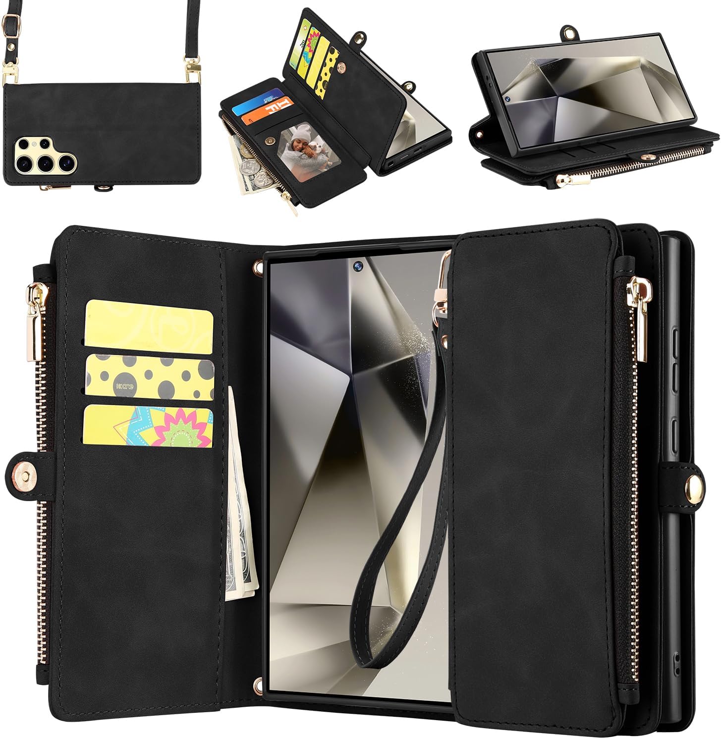 ELESNOW Wallet Samsung Galaxy S24 Ultra Case for Women Men, PU Leather with Card Holder [RFID Blocking] Wrist Strap Crossbody Zipper Stand Magnetic Flip Phone Case Cover for Samsung S24 Ultra, Gray