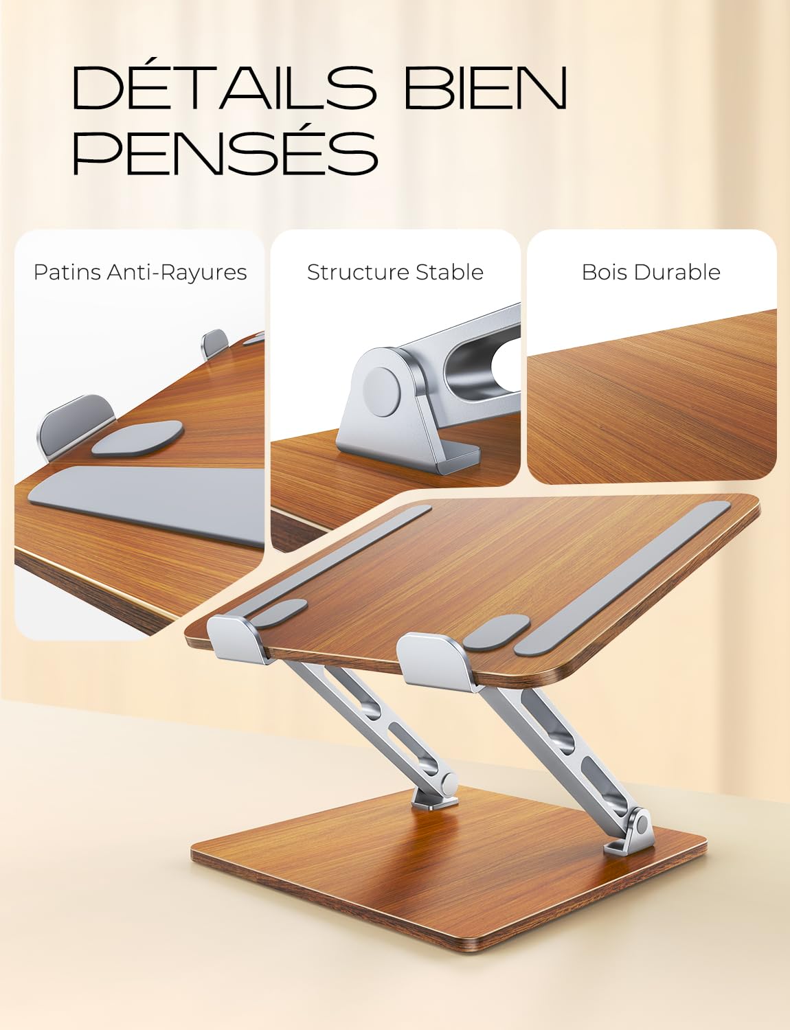 CIRYCASE Aluminium & Bois Support Ordinateur Portable à Double Barre | Laptop Stand Réglable, Rehausseur PC Portable Bureau Ergonomique Compatible avec MacBook, HP et Autres Laptops 10 à 16 Pouces