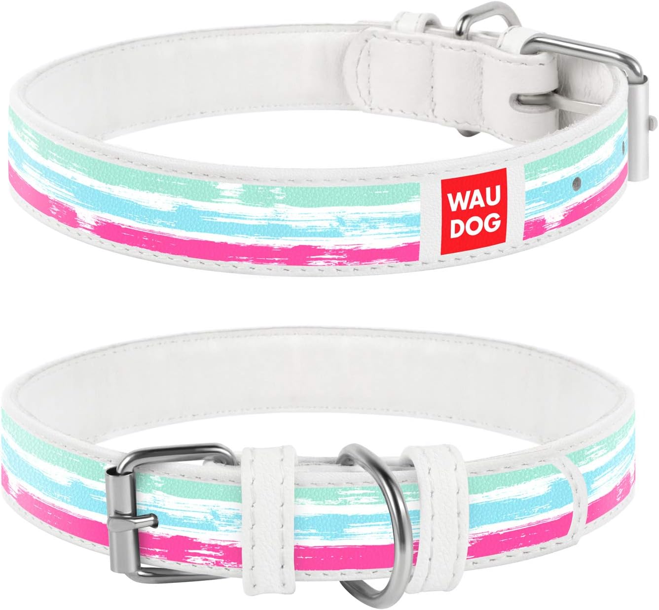 WAUDOG Design Leather Dog Collar for Puppy Small Medium and Large Dogs Yoga Dog - Boy & Girl Leather Dog Collar - Leather Buckle Dog Collar (14 3/5" - 18 4/5" Neck * 1" Wide, White)
