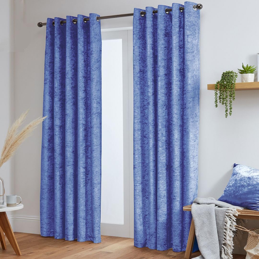 John Aird Crushed Velvet Fully Lined Eyelet Curtains (Blue, 66" Wide x 54" Drop)