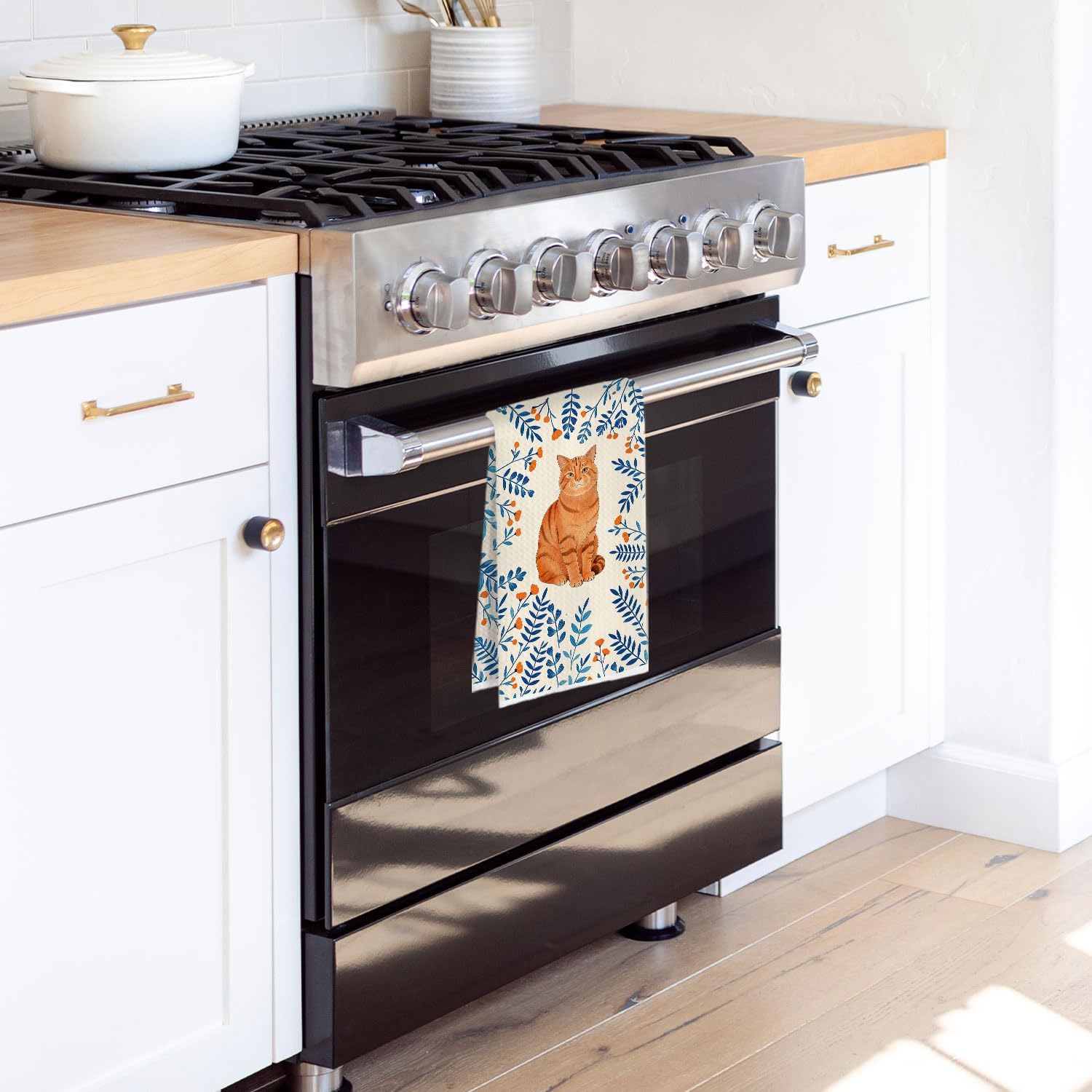 Orange Cat Kitche Towels - Botanical Orange Cat Gift Decorative Waffle Dish Towels, Cats Lover Gifts Hand Towel, Blue and White Floral Tea Towel, 16x24 Inchs
